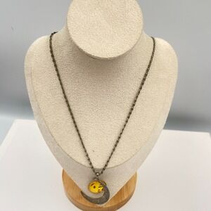 Vintage Silver Tone Crescent Moon Emoji Necklace Kissing Face Pendant Jewelry